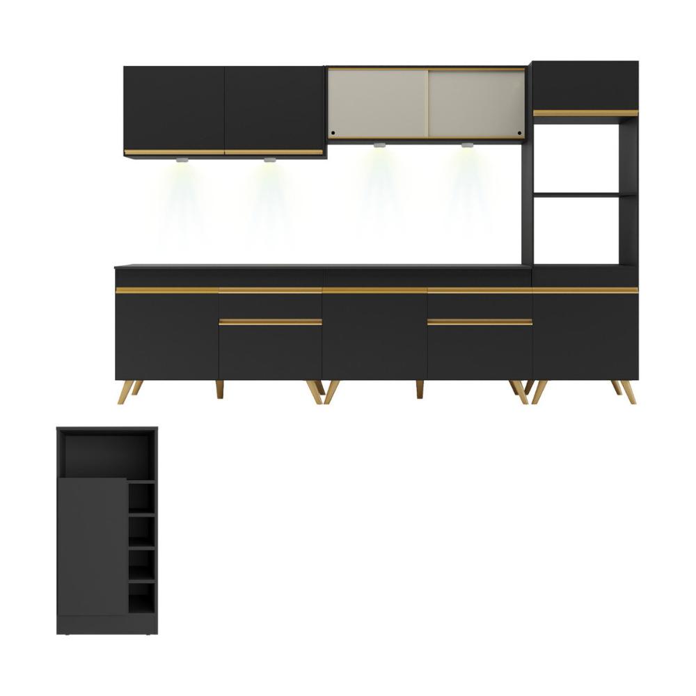 Armário de Cozinha Completa com Bancada Americana Veneza Multimóveis MP2199 Preto/Dourado