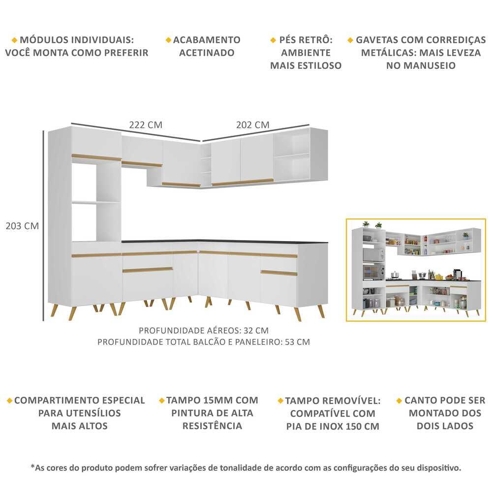 Armário de Cozinha Completa de Canto Veneza Multimóveis V2045 Branco/Dourado