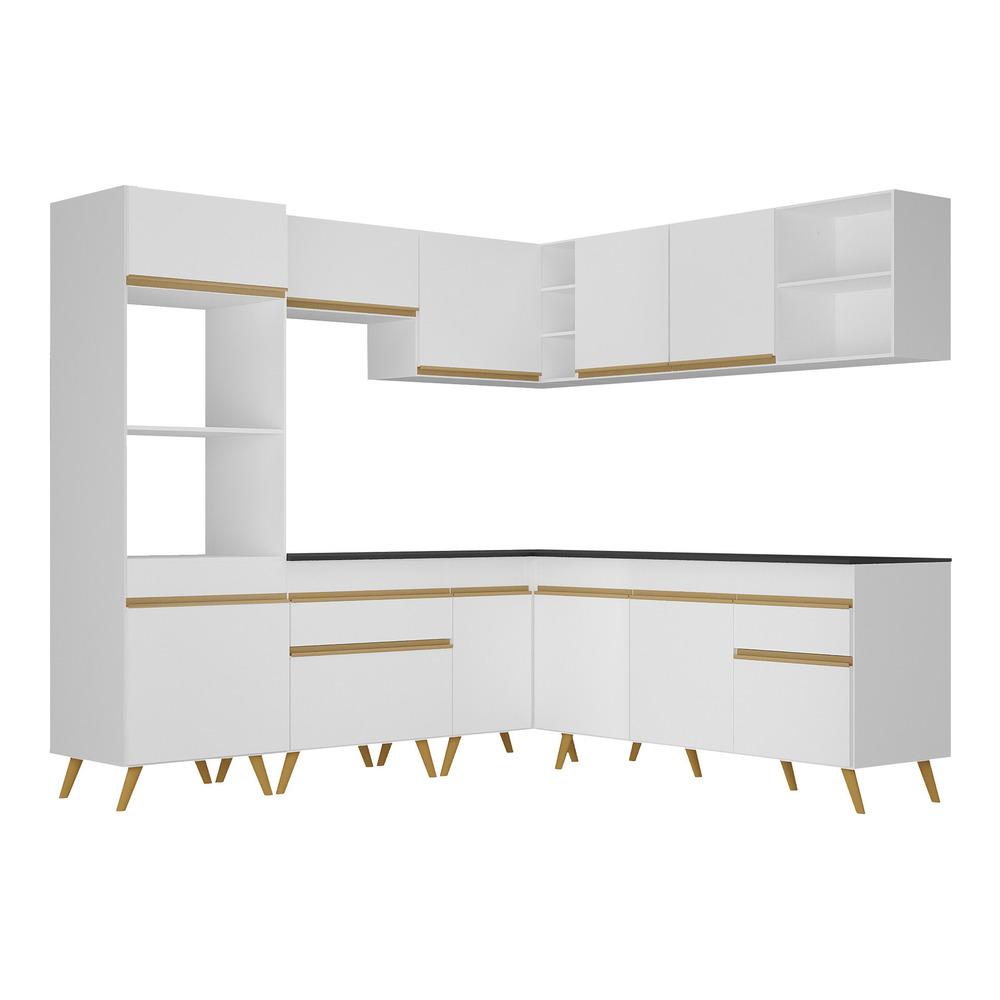 Armário de Cozinha Completa de Canto Veneza Multimóveis V2045 Branco/Dourado