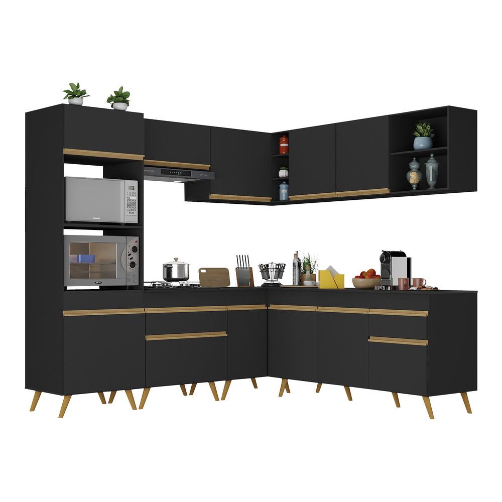 Armário de Cozinha Completa de Canto Veneza Multimóveis V2045 Preto/Dourado