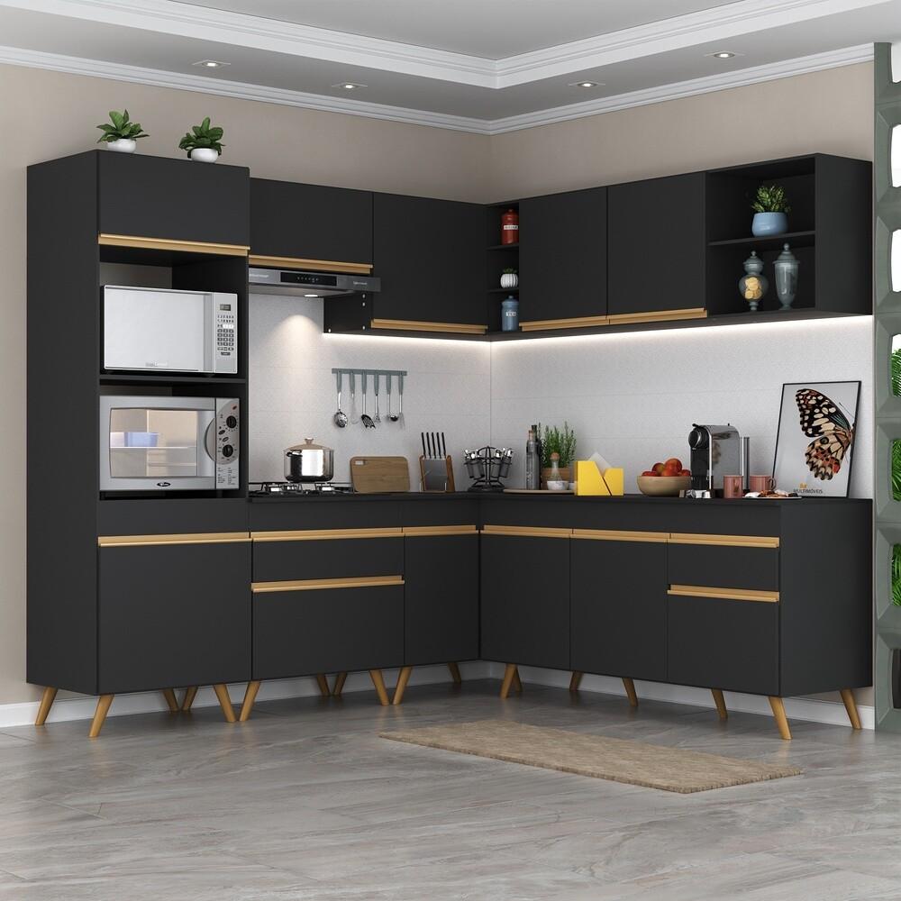 Armário de Cozinha Completa de Canto Veneza Multimóveis V2045 Preto/Dourado