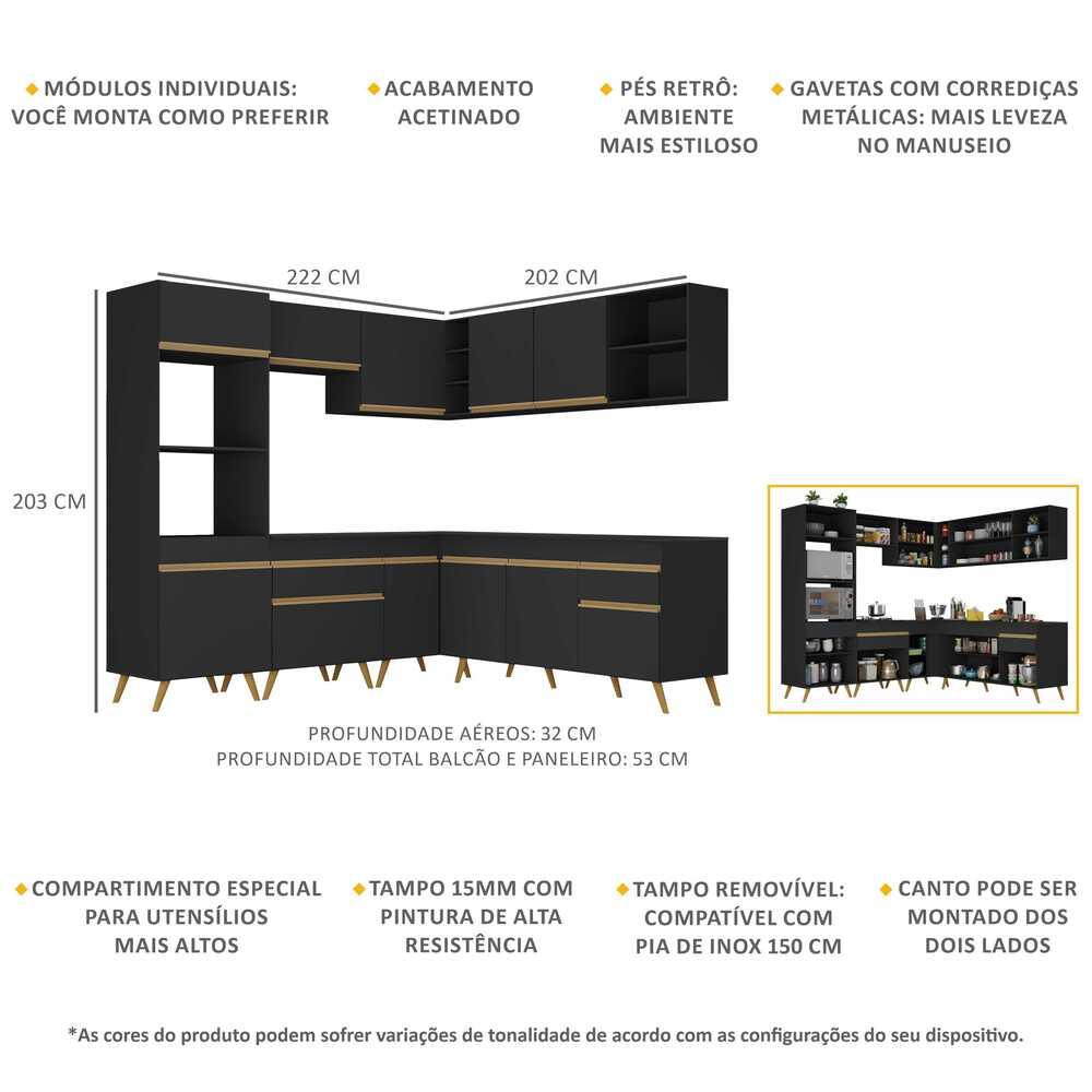 Armário de Cozinha Completa de Canto Veneza Multimóveis V2045 Preto/Dourado