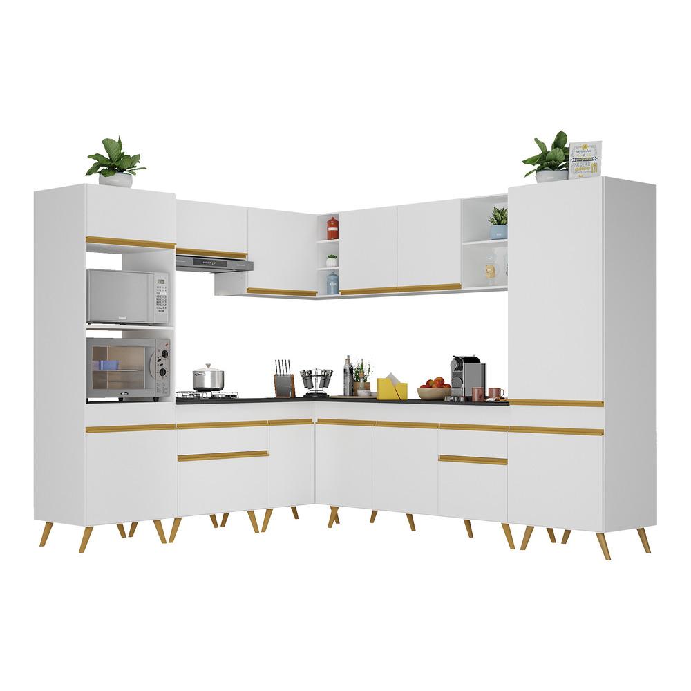 Armário de Cozinha Completa de Canto Veneza Multimóveis V2046  Branco/Dourado