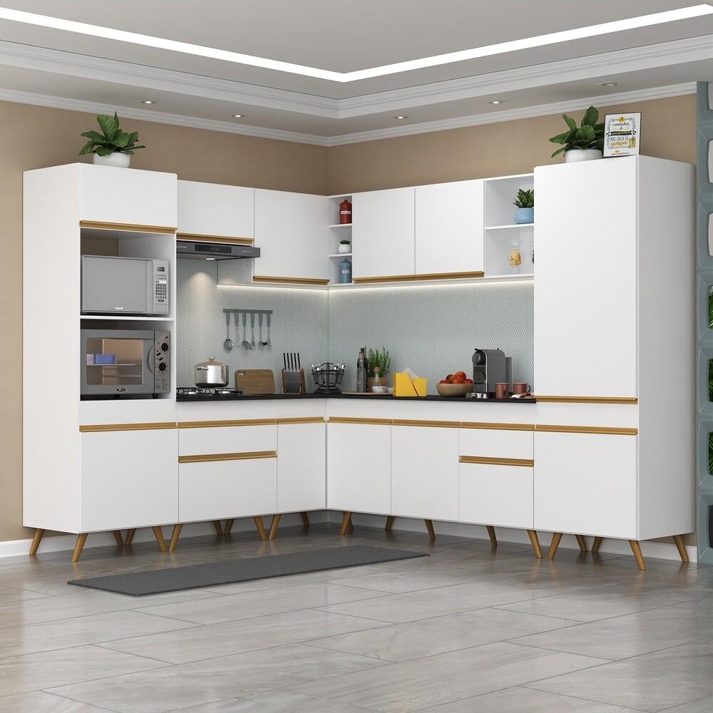 Armário de Cozinha Completa de Canto Veneza Multimóveis V2046  Branco/Dourado