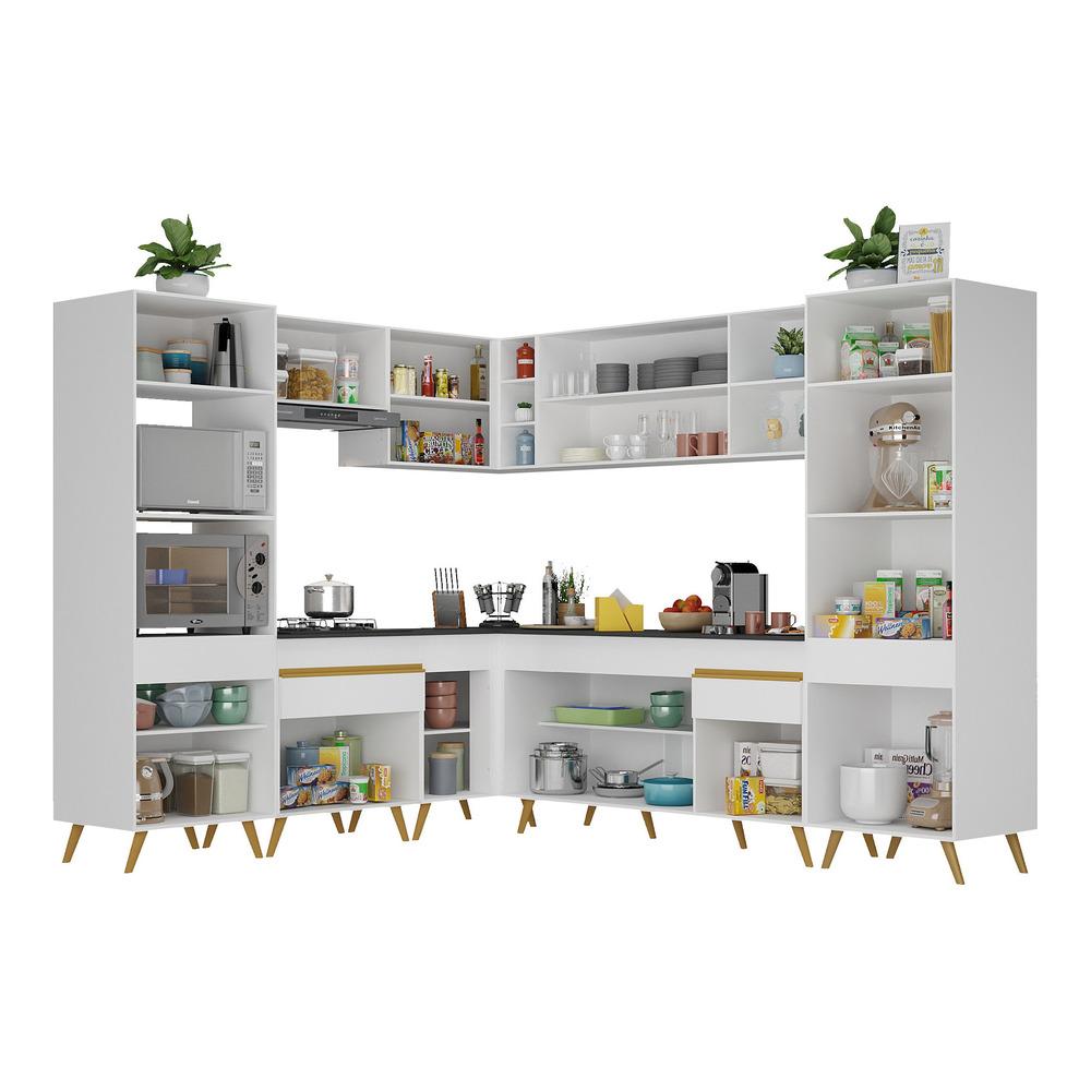 Armário de Cozinha Completa de Canto Veneza Multimóveis V2046  Branco/Dourado