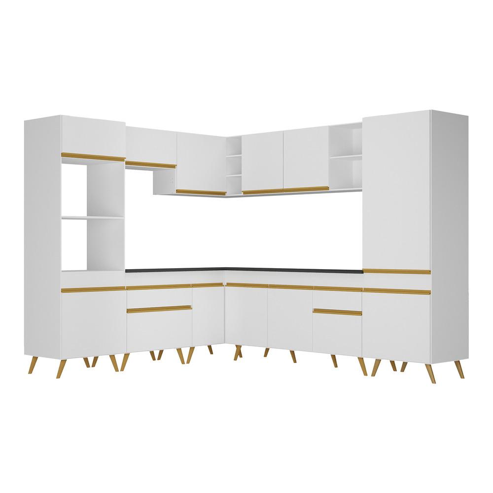 Armário de Cozinha Completa de Canto Veneza Multimóveis V2046  Branco/Dourado