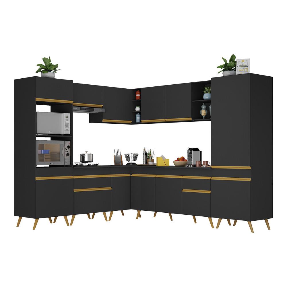Armário de Cozinha Completa de Canto Veneza Multimóveis V2046  Preto/Dourado