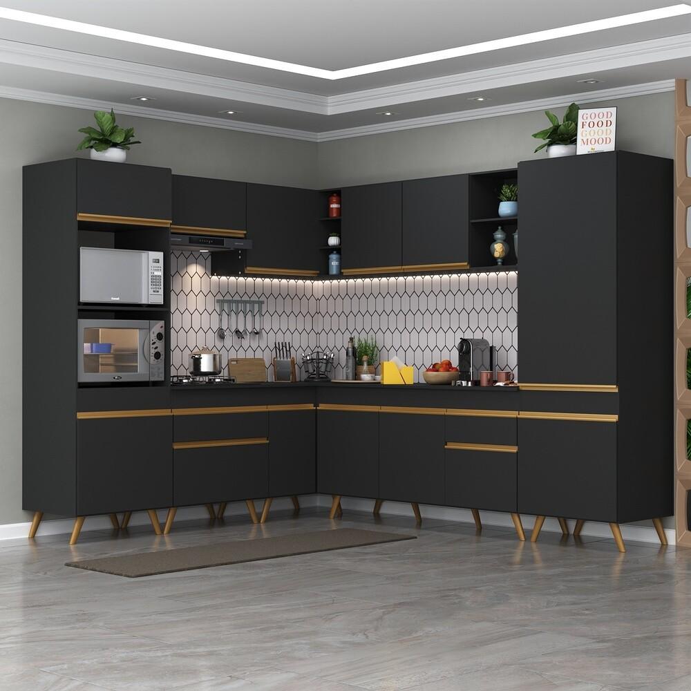 Armário de Cozinha Completa de Canto Veneza Multimóveis V2046  Preto/Dourado