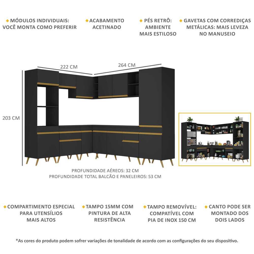Armário de Cozinha Completa de Canto Veneza Multimóveis V2046  Preto/Dourado