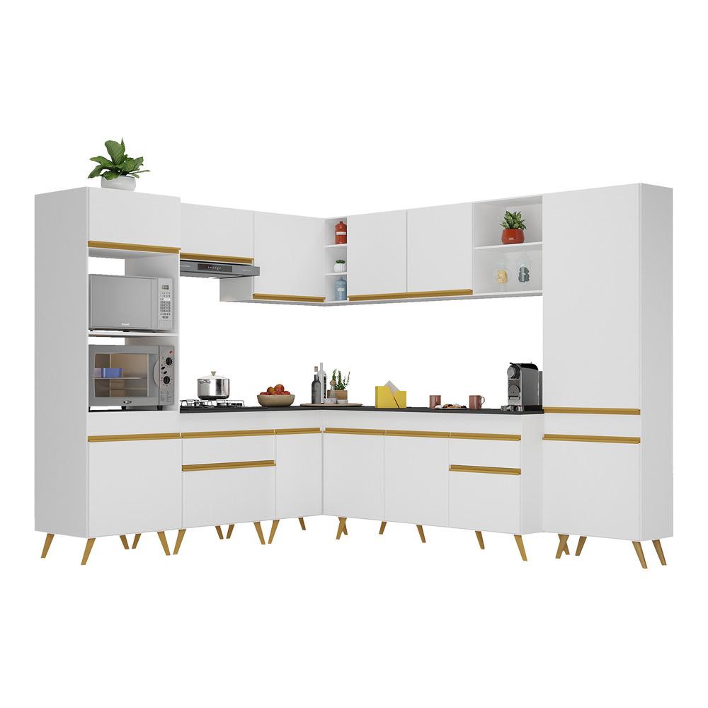 Armário de Cozinha Completa de Canto Veneza Multimóveis V2047  Branco/Dourado