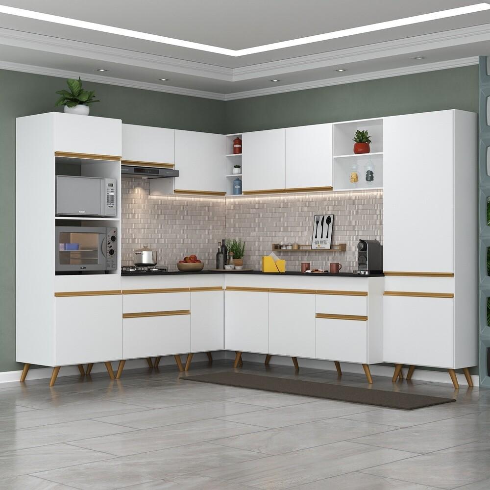 Armário de Cozinha Completa de Canto Veneza Multimóveis V2047  Branco/Dourado