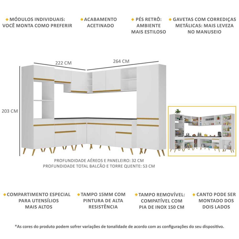 Armário de Cozinha Completa de Canto Veneza Multimóveis V2047  Branco/Dourado
