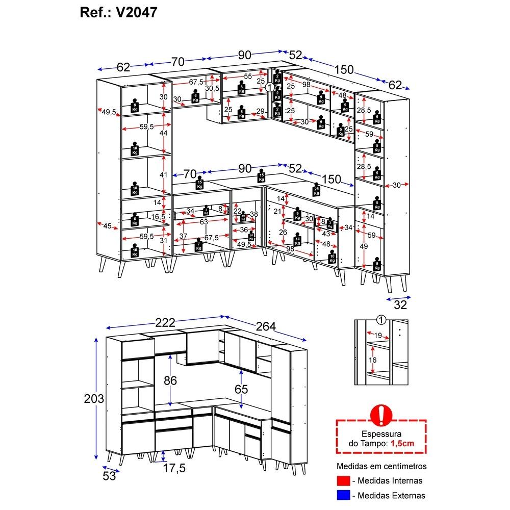 Armário de Cozinha Completa de Canto Veneza Multimóveis V2047  Branco/Dourado