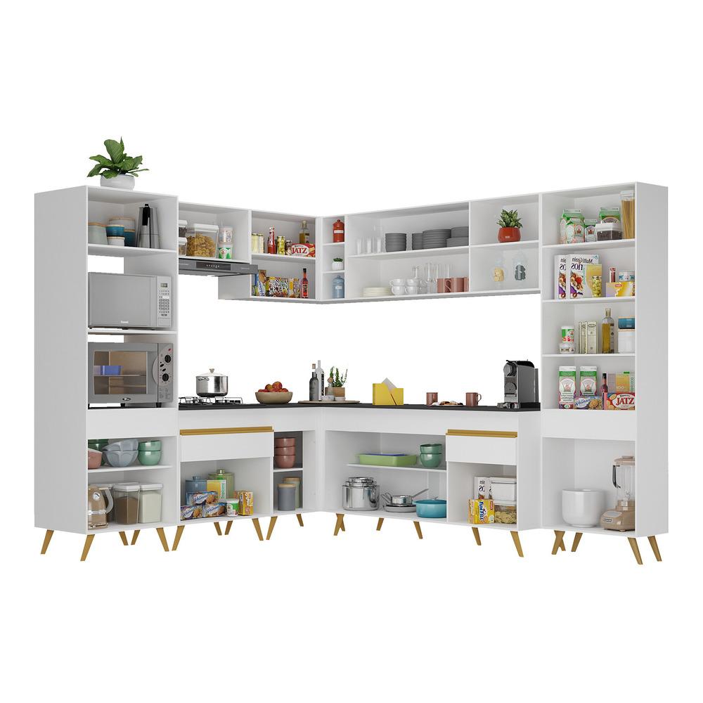 Armário de Cozinha Completa de Canto Veneza Multimóveis V2047  Branco/Dourado