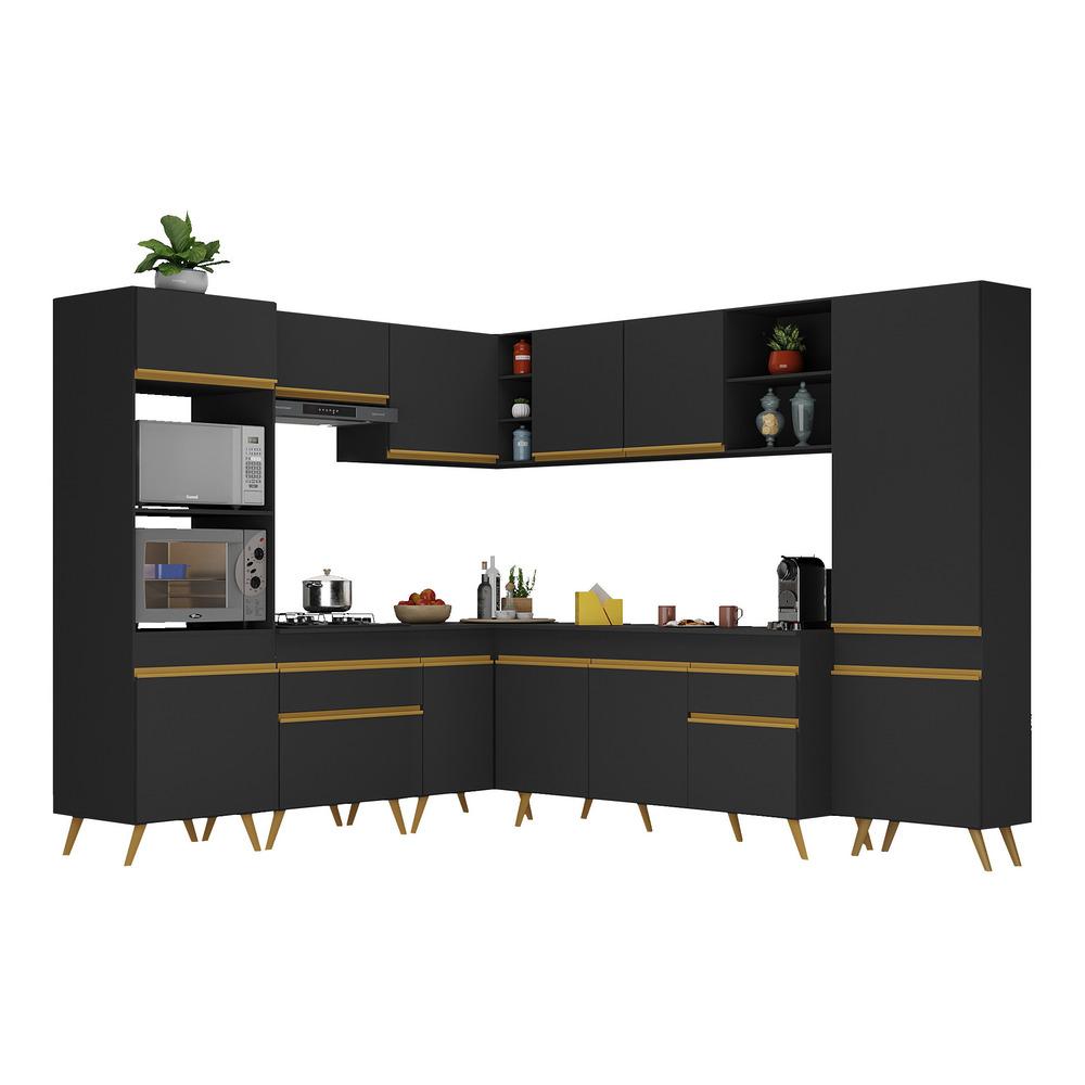 Armário de Cozinha Completa de Canto Veneza Multimóveis V2047  Preto/Dourado