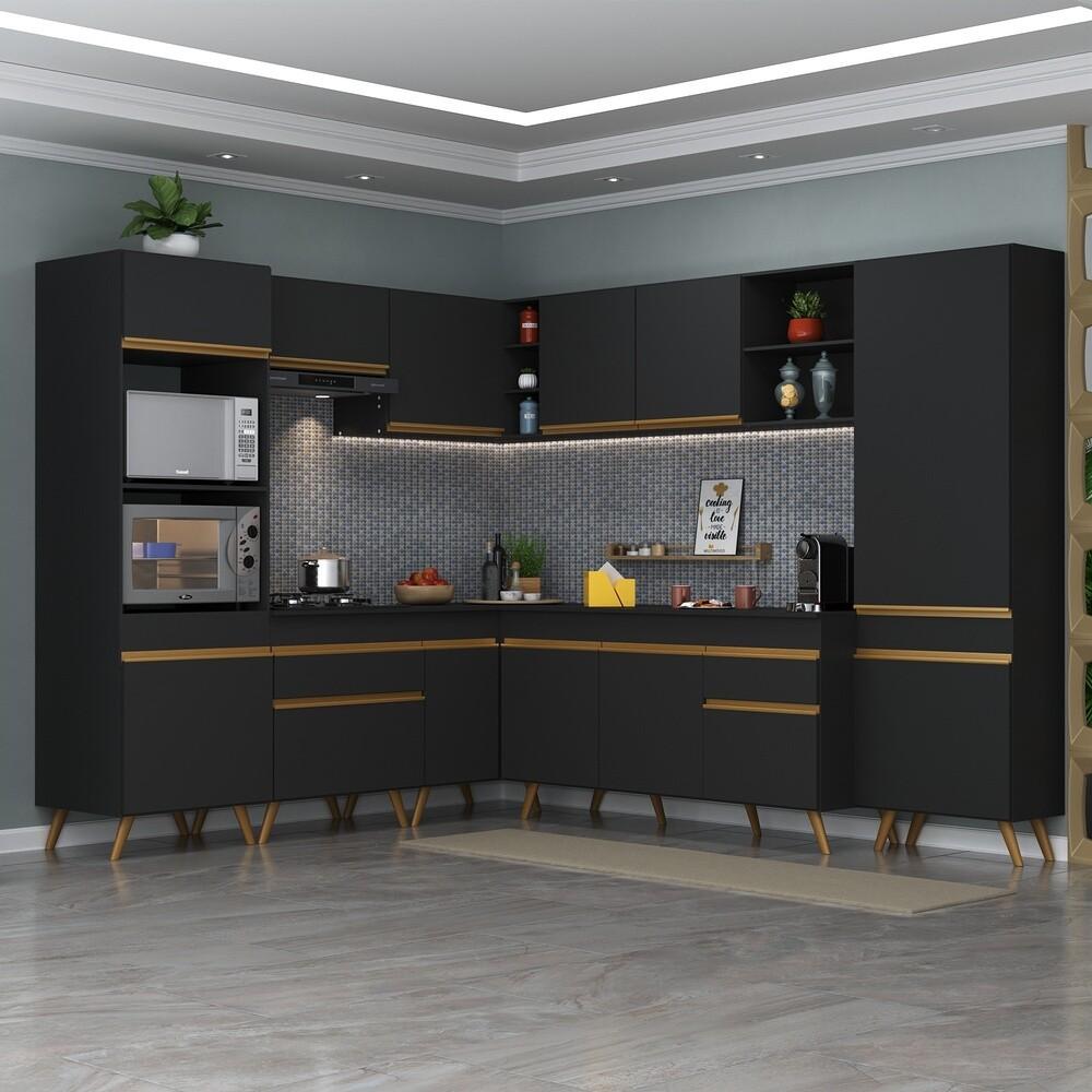 Armário de Cozinha Completa de Canto Veneza Multimóveis V2047  Preto/Dourado