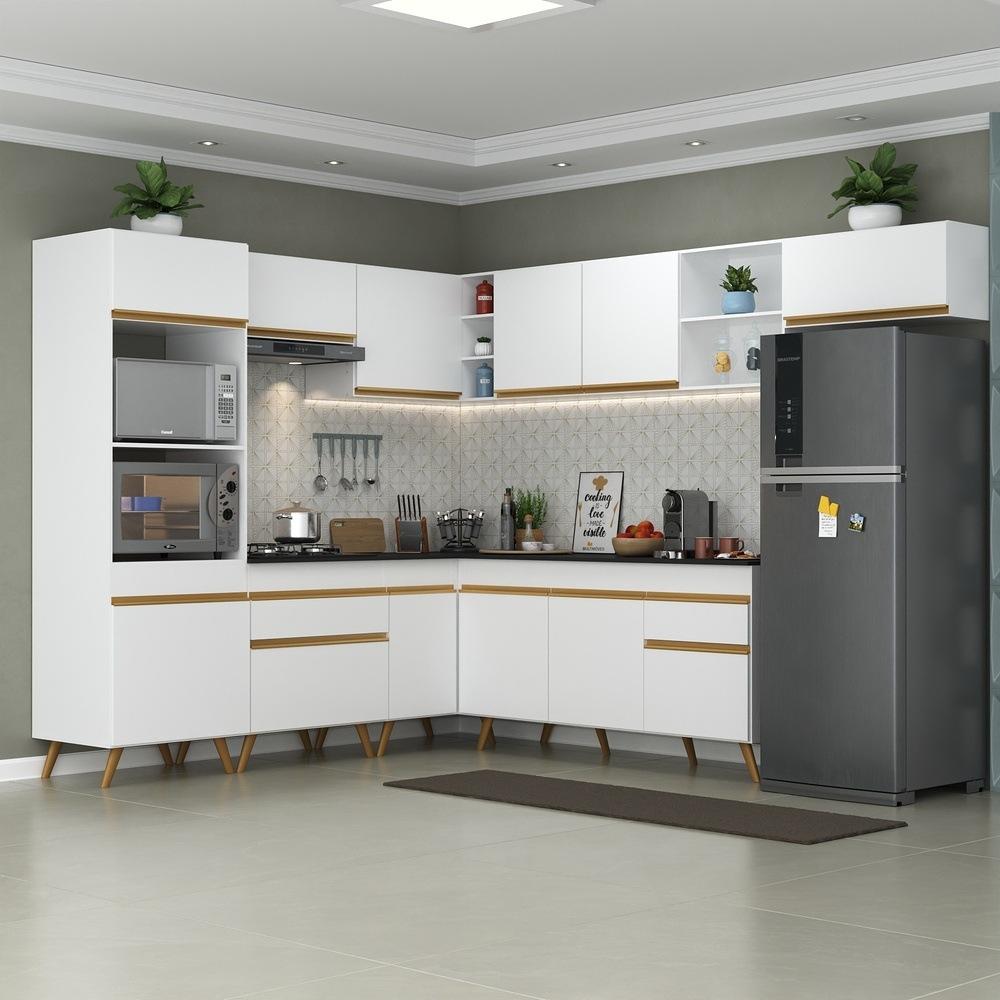 Armário de Cozinha Completa de Canto Veneza Multimóveis V2048  Branco/Dourado