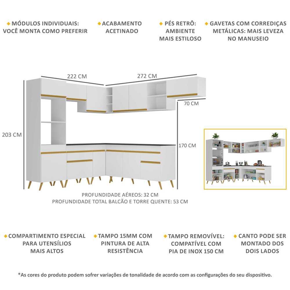 Armário de Cozinha Completa de Canto Veneza Multimóveis V2048  Branco/Dourado