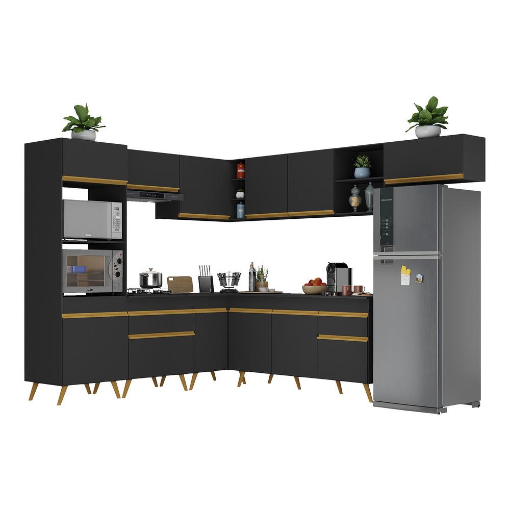 Armário de Cozinha Completa de Canto Veneza Multimóveis V2048  Preto/Dourado