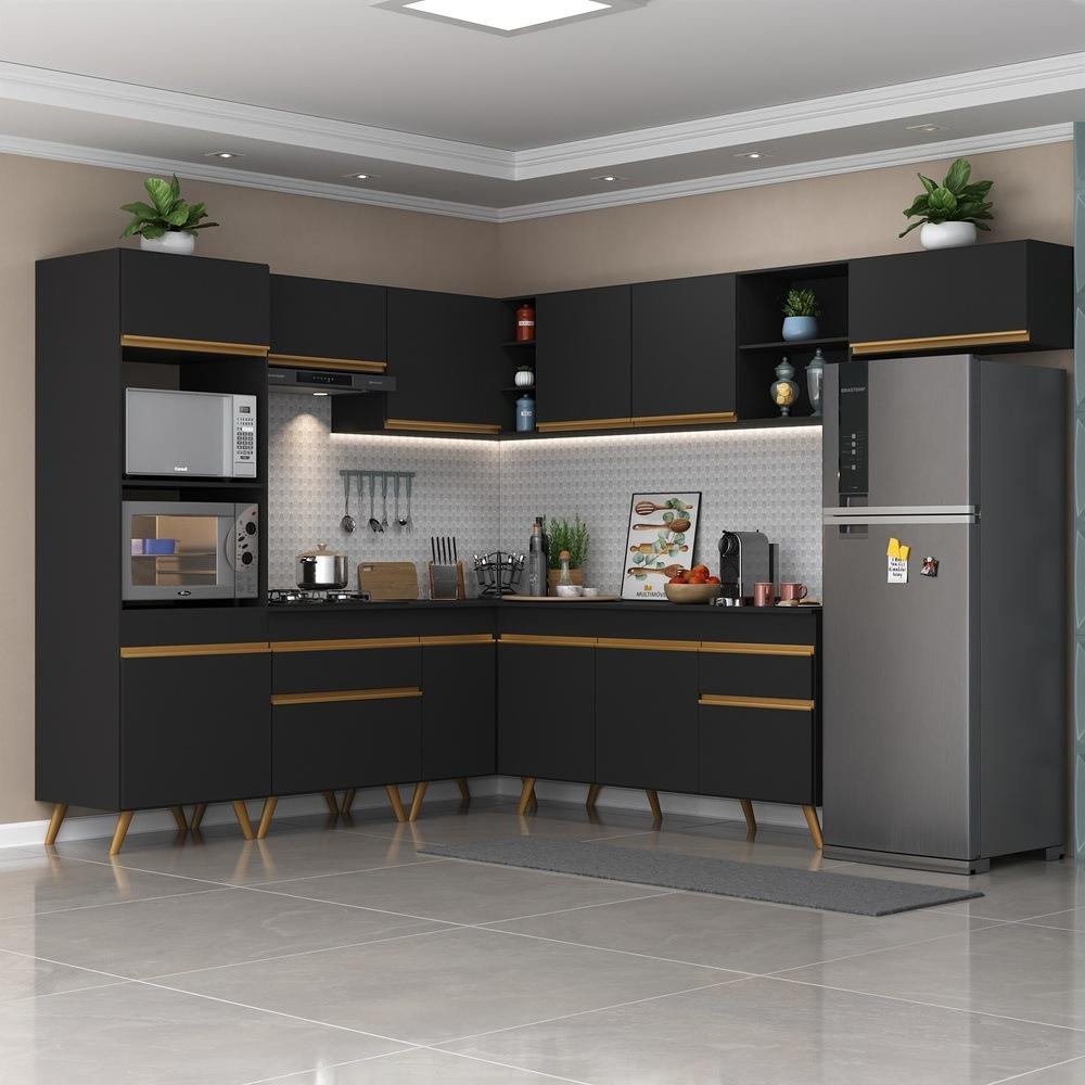 Armário de Cozinha Completa de Canto Veneza Multimóveis V2048  Preto/Dourado