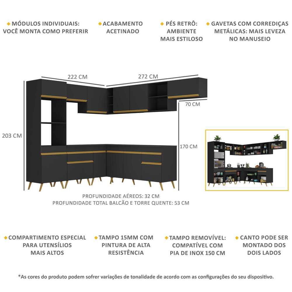 Armário de Cozinha Completa de Canto Veneza Multimóveis V2048  Preto/Dourado