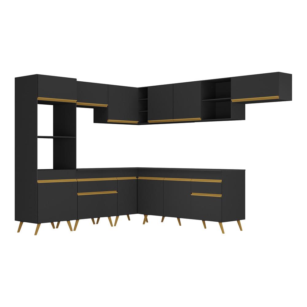 Armário de Cozinha Completa de Canto Veneza Multimóveis V2048  Preto/Dourado
