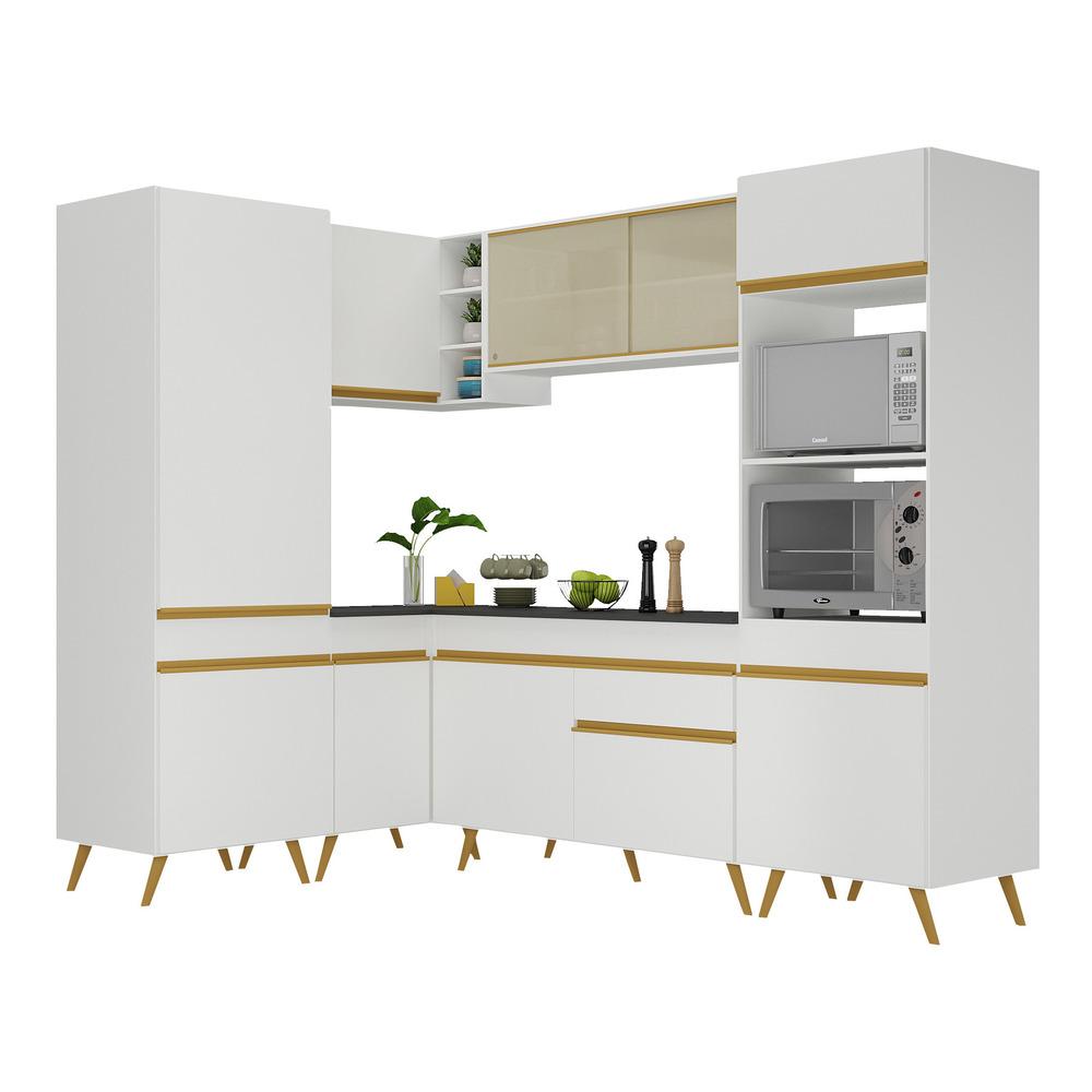 Armário de Cozinha Completa de Canto Veneza Multimóveis V2049  Branco/Dourado
