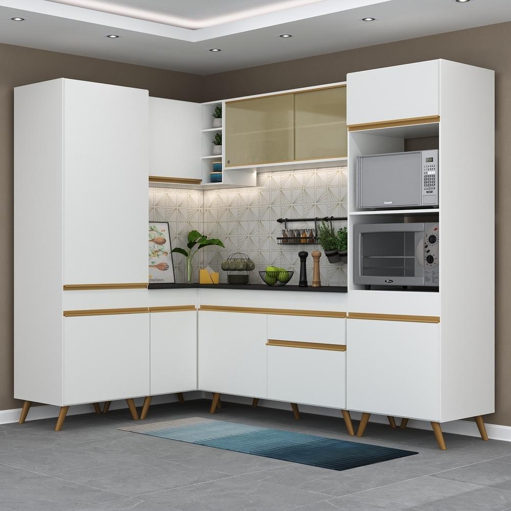 Armário de Cozinha Completa de Canto Veneza Multimóveis V2049  Branco/Dourado
