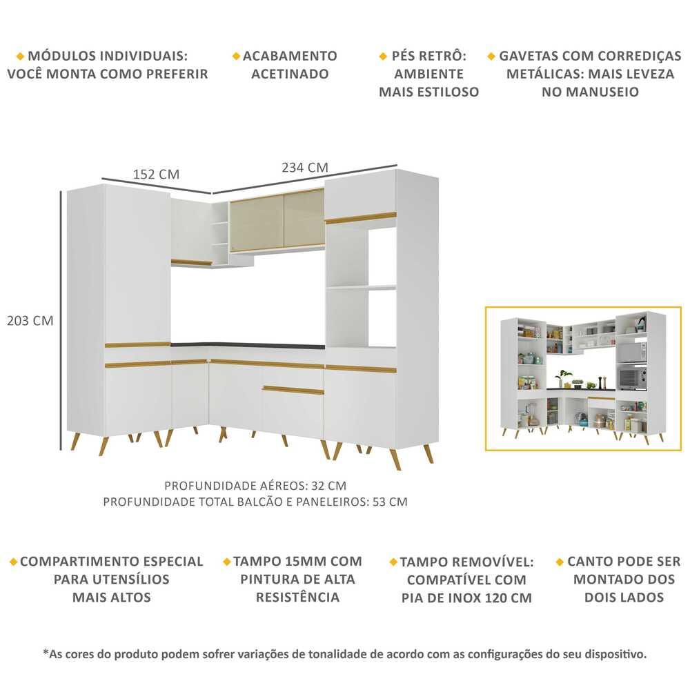 Armário de Cozinha Completa de Canto Veneza Multimóveis V2049  Branco/Dourado