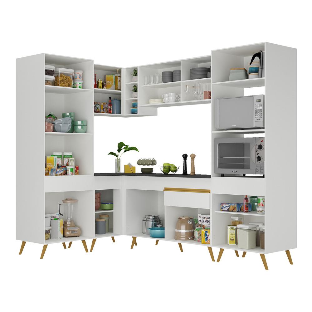 Armário de Cozinha Completa de Canto Veneza Multimóveis V2049  Branco/Dourado
