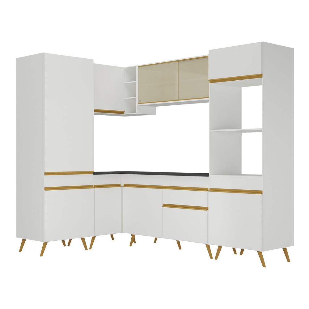 Armário de Cozinha Completa de Canto Veneza Multimóveis V2049  Branco/Dourado