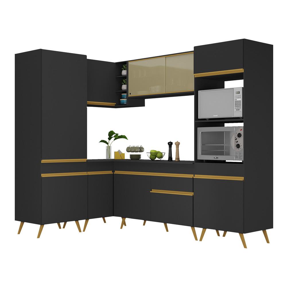 Armário de Cozinha Completa de Canto Veneza Multimóveis V2049  Preto/Dourado