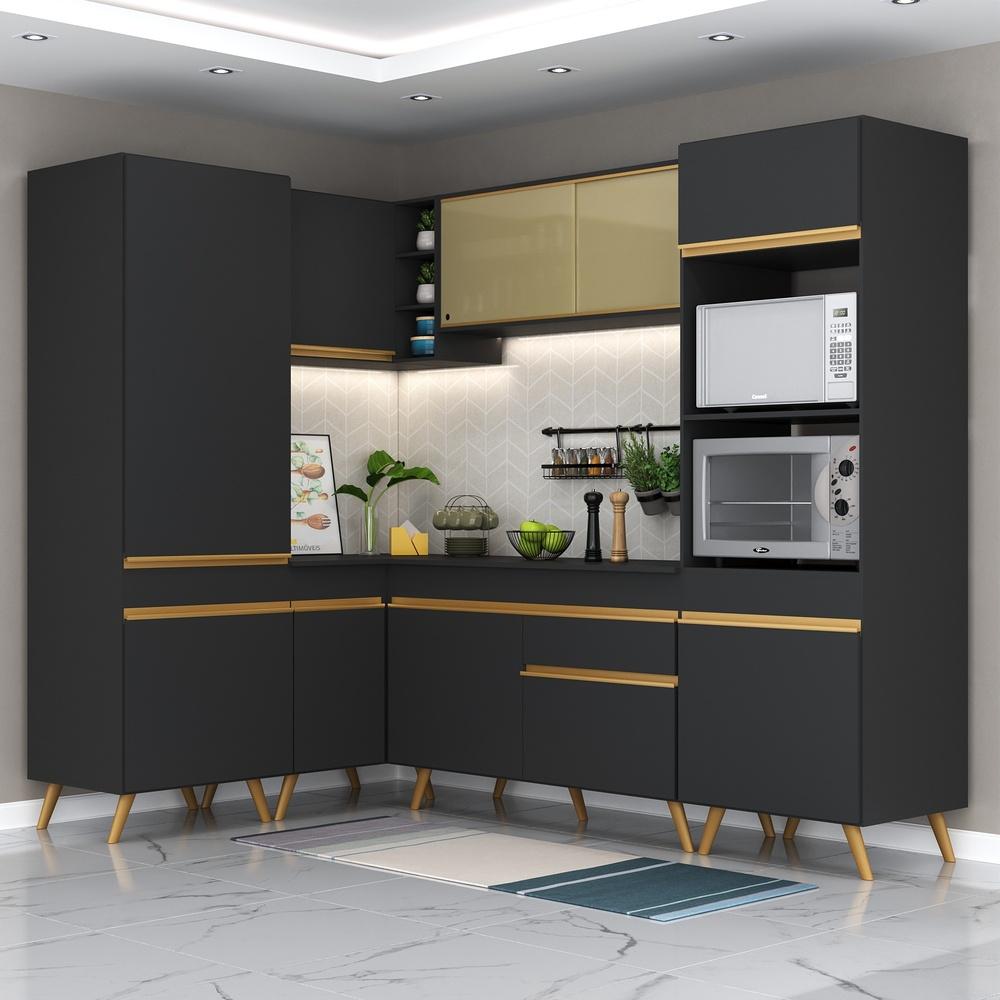 Armário de Cozinha Completa de Canto Veneza Multimóveis V2049  Preto/Dourado
