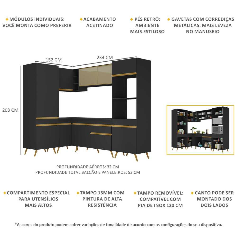 Armário de Cozinha Completa de Canto Veneza Multimóveis V2049  Preto/Dourado