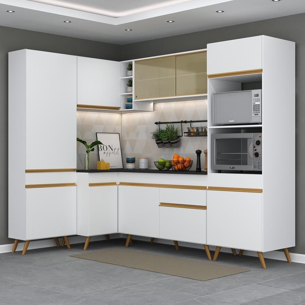 Armário de Cozinha Completa de Canto Veneza Multimóveis V2050  Branco/Dourado