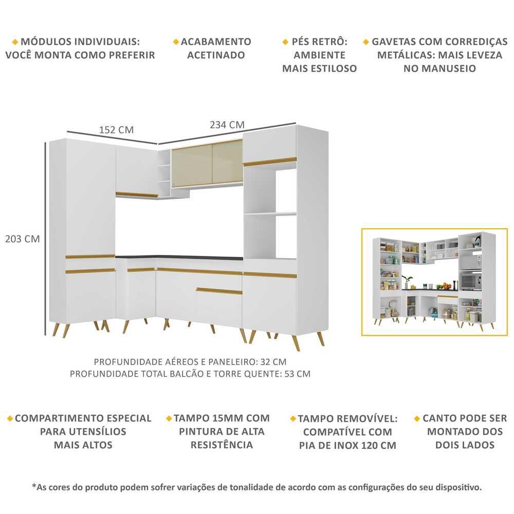 Armário de Cozinha Completa de Canto Veneza Multimóveis V2050  Branco/Dourado
