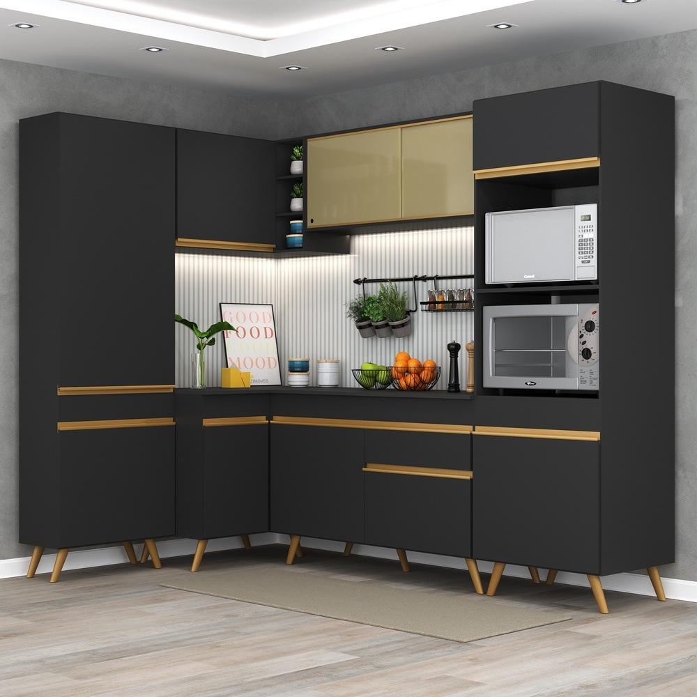 Armário de Cozinha Completa de Canto Veneza Multimóveis V2050  Preto/Dourado