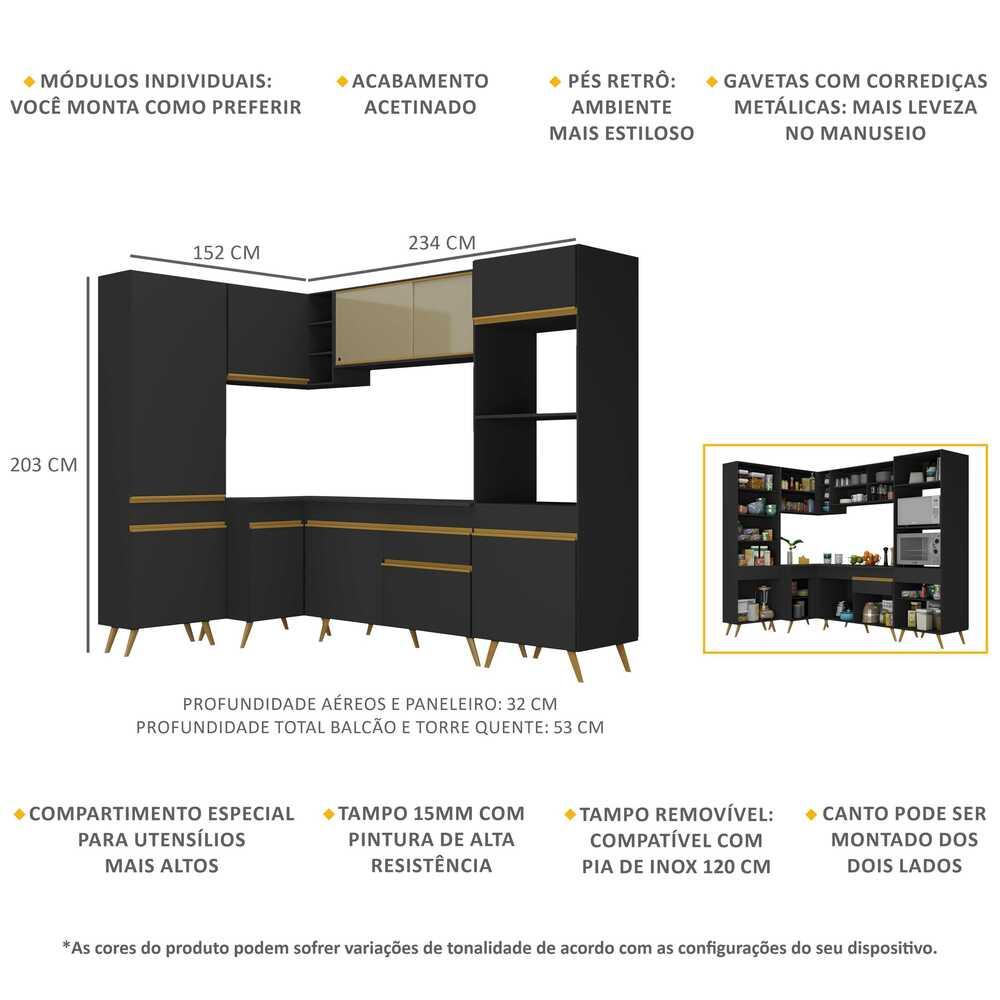 Armário de Cozinha Completa de Canto Veneza Multimóveis V2050  Preto/Dourado
