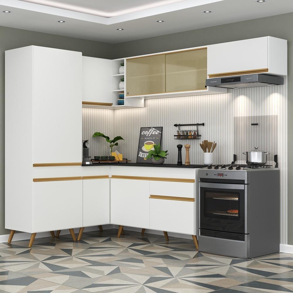 Armário de Cozinha Completa de Canto Veneza Multimóveis V2051  Branco/Dourado