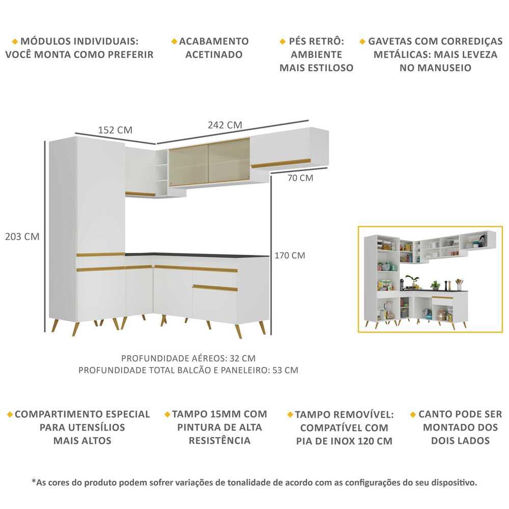 Armário de Cozinha Completa de Canto Veneza Multimóveis V2051  Branco/Dourado