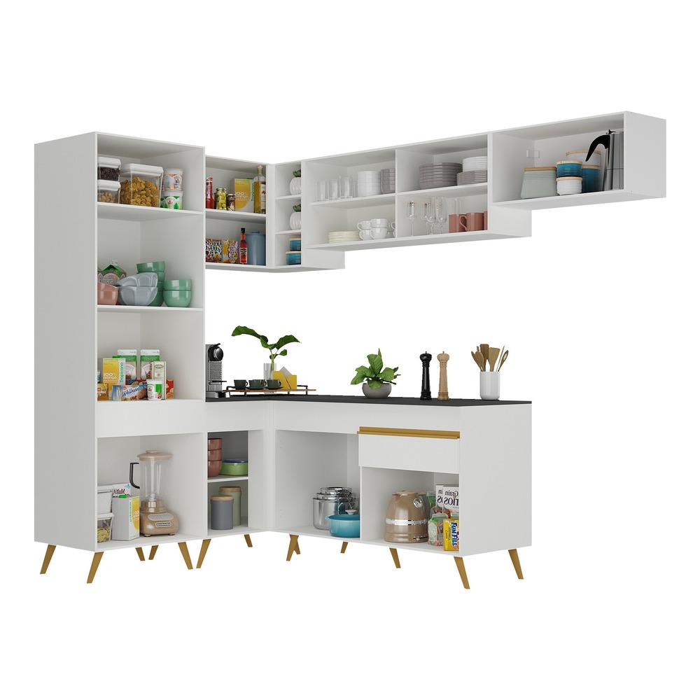 Armário de Cozinha Completa de Canto Veneza Multimóveis V2051  Branco/Dourado