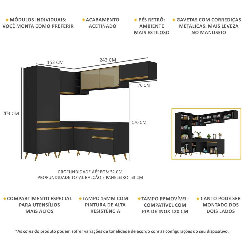 Armário de Cozinha Completa de Canto Veneza Multimóveis V2051  Preto/Dourado