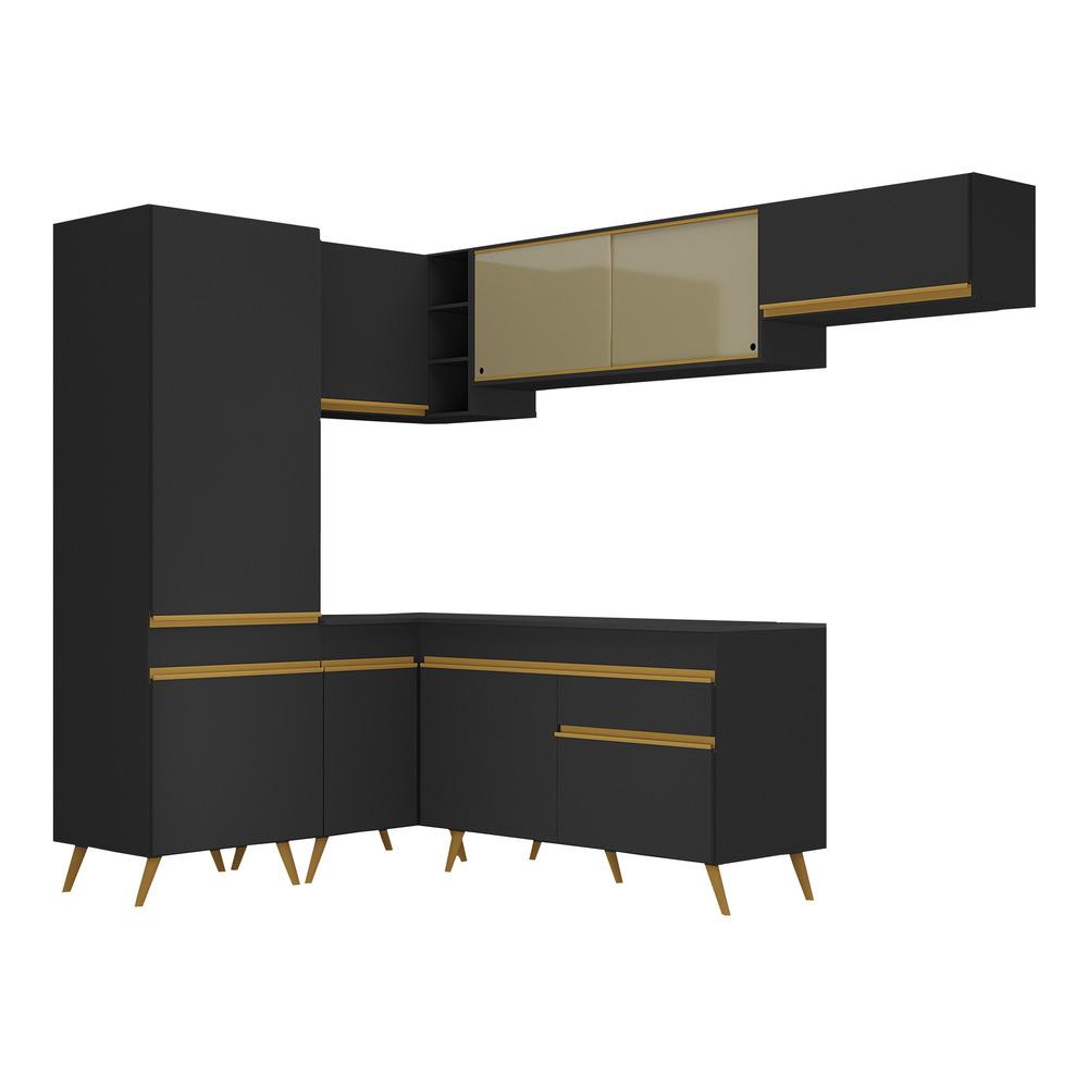 Armário de Cozinha Completa de Canto Veneza Multimóveis V2051  Preto/Dourado
