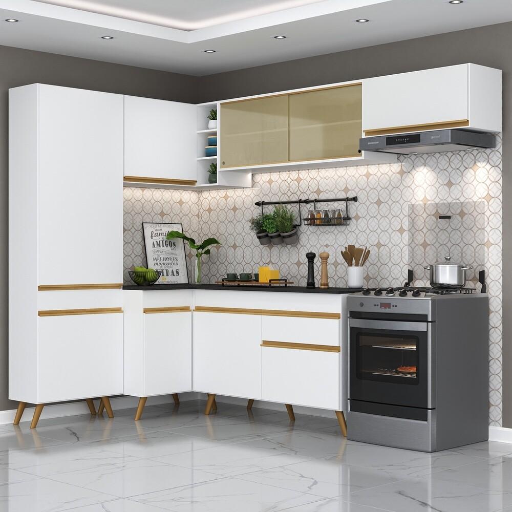 Armário de Cozinha Completa de Canto Veneza Multimóveis V2052  Branco/Dourado