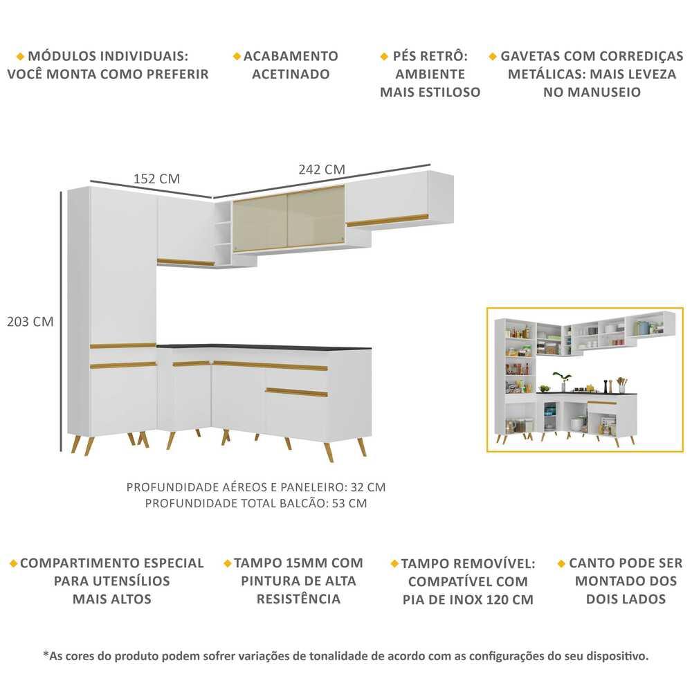 Armário de Cozinha Completa de Canto Veneza Multimóveis V2052  Branco/Dourado