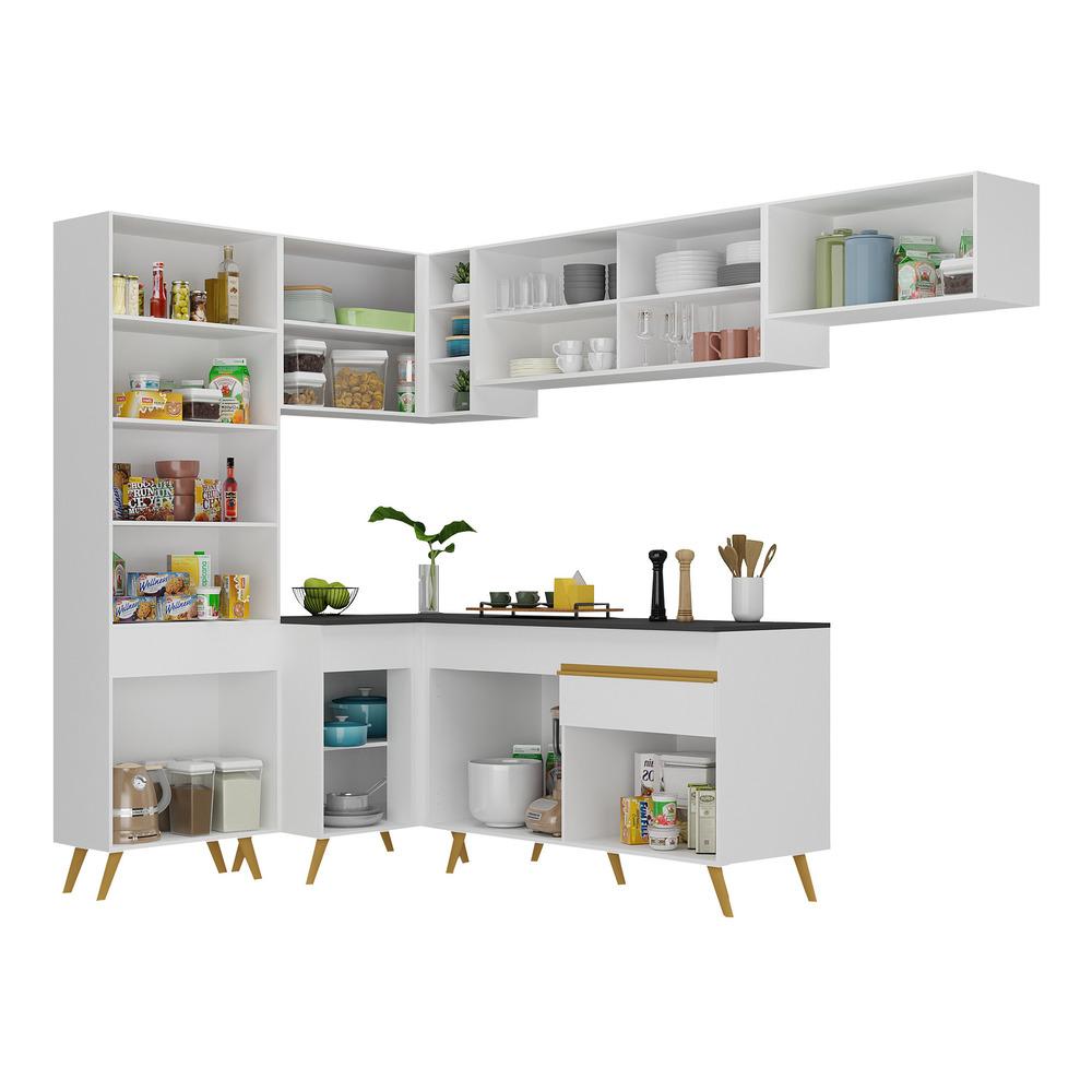 Armário de Cozinha Completa de Canto Veneza Multimóveis V2052  Branco/Dourado