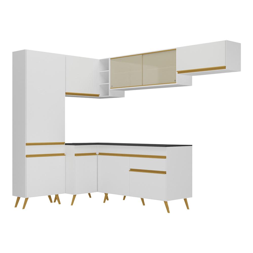 Armário de Cozinha Completa de Canto Veneza Multimóveis V2052  Branco/Dourado