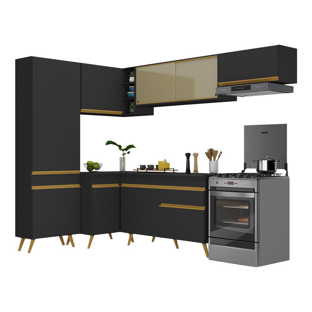 Armário de Cozinha Completa de Canto Veneza Multimóveis V2052  Preto/Dourado