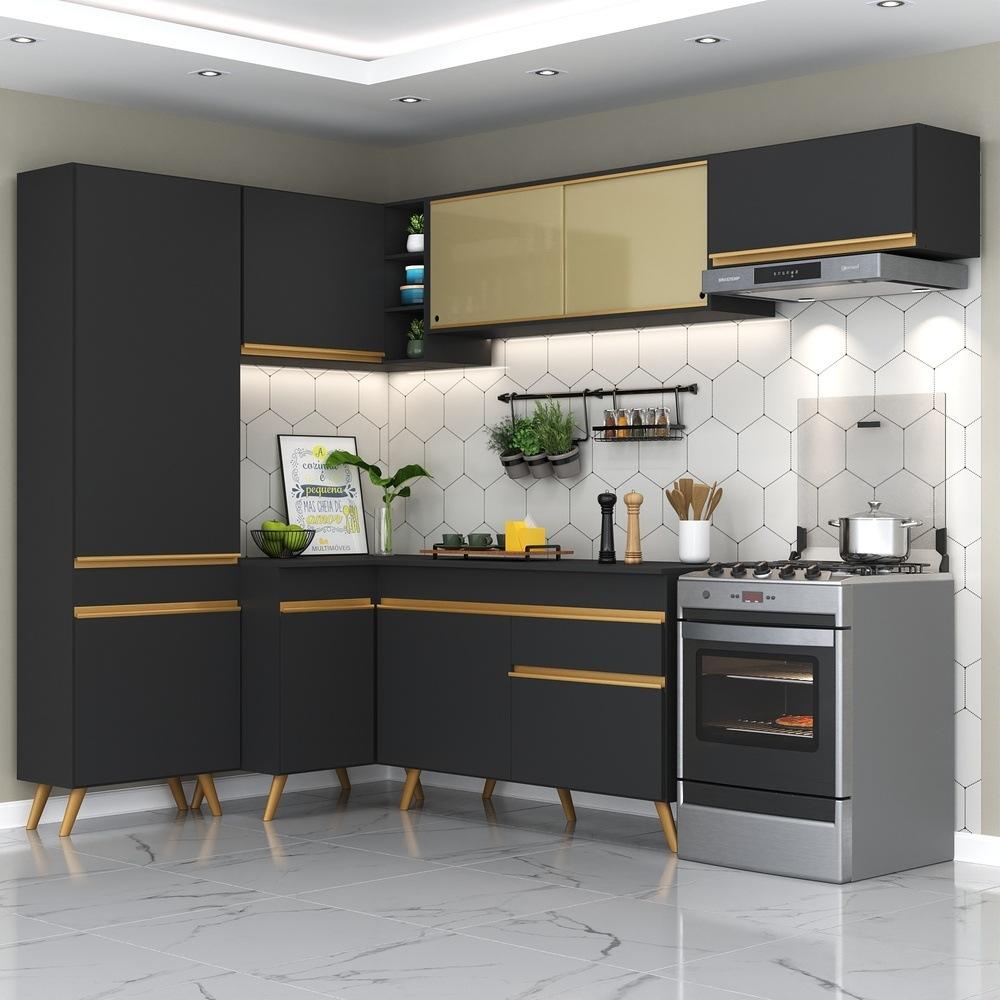 Armário de Cozinha Completa de Canto Veneza Multimóveis V2052  Preto/Dourado