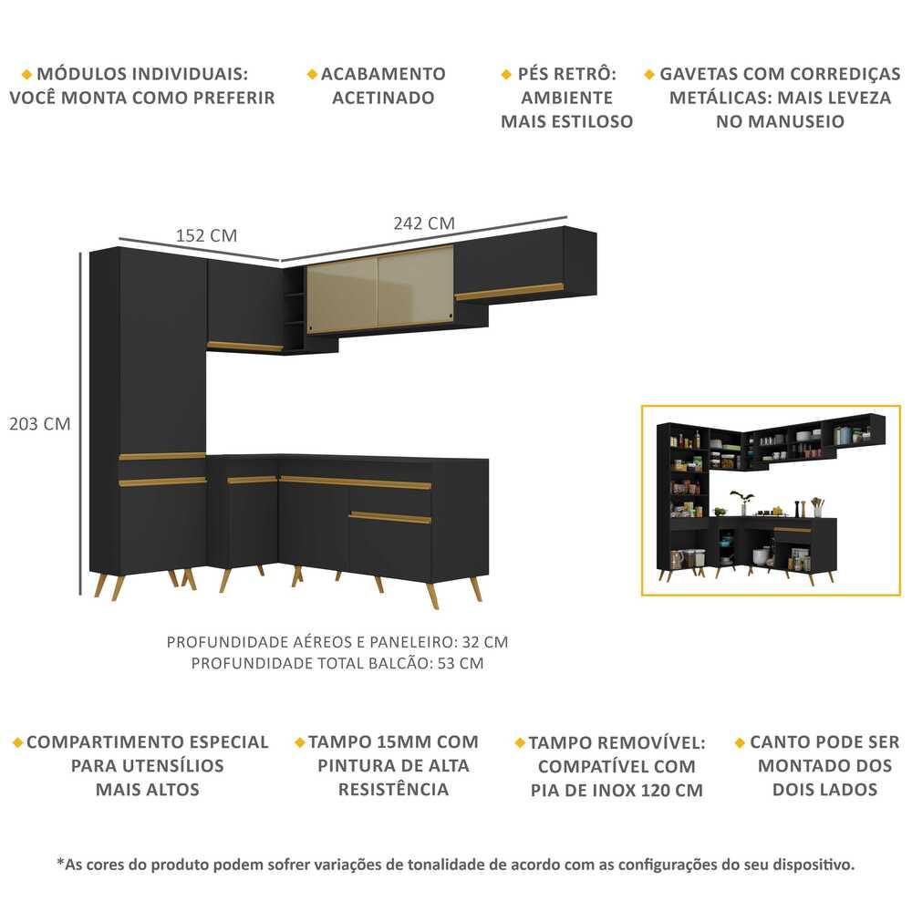 Armário de Cozinha Completa de Canto Veneza Multimóveis V2052  Preto/Dourado